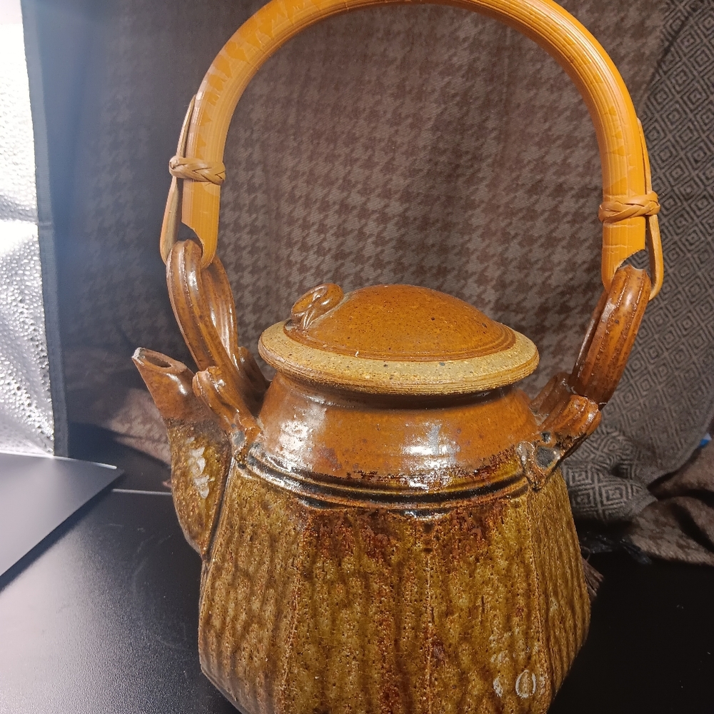 Vintage Rustic Brown Pottery Teapot, Bamboo Handle, Marked 5"H, 5"W 9"H w/handle